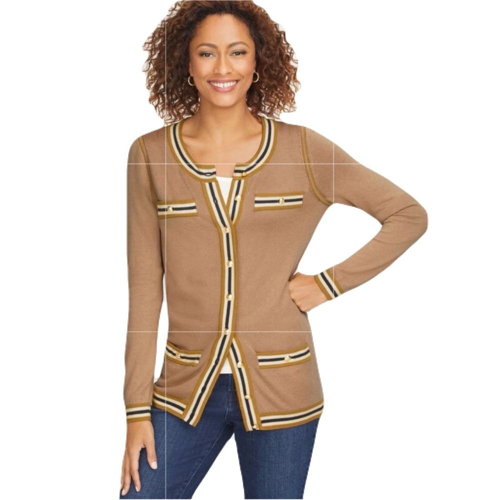 Talbots Tan Sweater Set - Cardigan w/Gold Buttons, Striped Accents, Tank Top